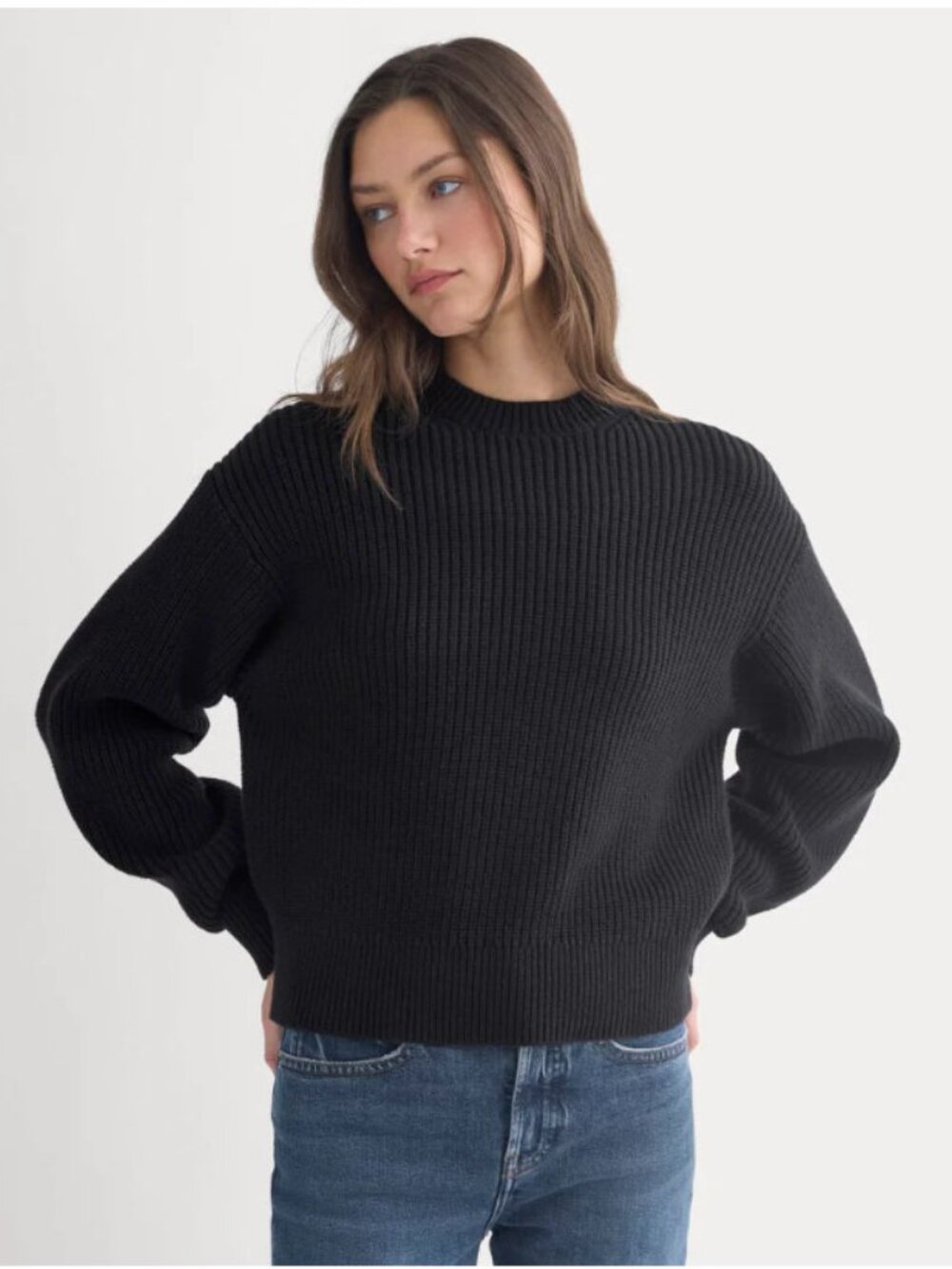 Everlane Cropped Ribbed Crew Sweater in Cotton - Black - S - NWT